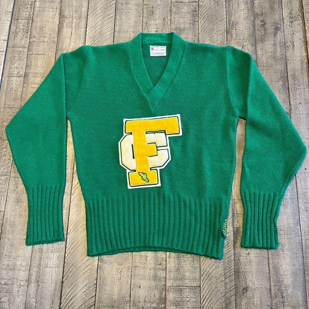 VTG 1950's Green Women's Award Varsity Letterman Sweater Letters FC